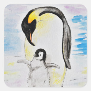 Emperor Penguin en Chick Waterverf Painting Vierkante Sticker