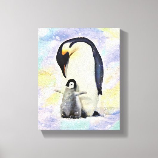 Emperor Penguin met Baby Chick Waterverf Canvas Afdruk (Voorkant)