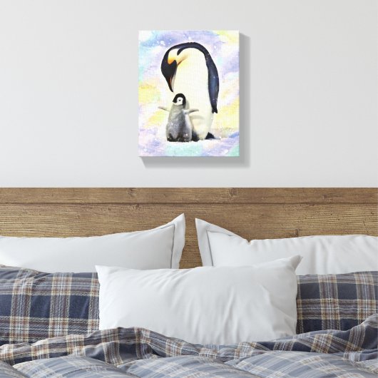 Emperor Penguin met Baby Chick Waterverf Canvas Afdruk (Insitu (Slaapkamer))