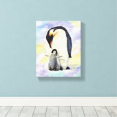Emperor Penguin met Baby Chick Waterverf Canvas Afdruk (Insitu (Houten vloer))