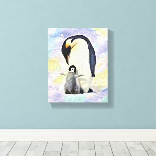 Emperor Penguin met Baby Chick Waterverf Canvas Afdruk (Insitu (Houten vloer))