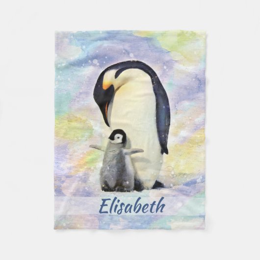 Emperor Penguin met Baby Chick Waterverf Fleece Deken (Voorkant)