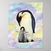 Emperor Penguin met Baby Chick Waterverf Poster (Voorkant)