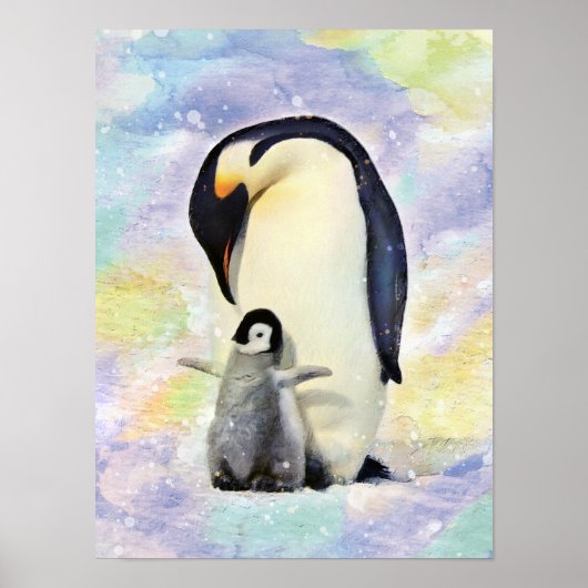 Emperor Penguin met Baby Chick Waterverf Poster (Voorkant)