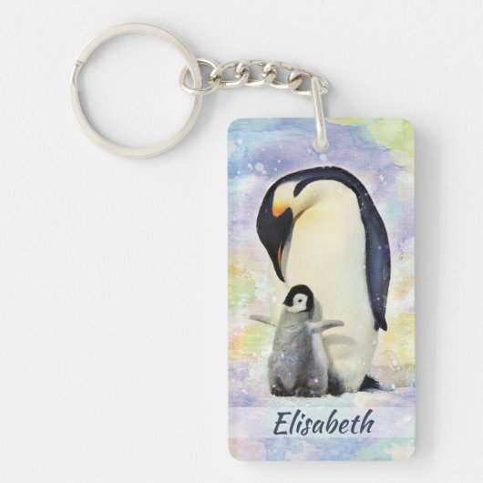 Emperor Penguin met Baby Chick Waterverf Sleutelhanger (Voorkant)