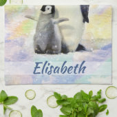 Emperor Penguin met Baby Chick Waterverf Theedoek (Gevouwen)