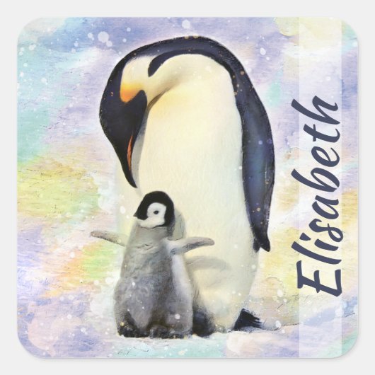 Emperor Penguin met Baby Chick Waterverf Vierkante Sticker (Voorkant)