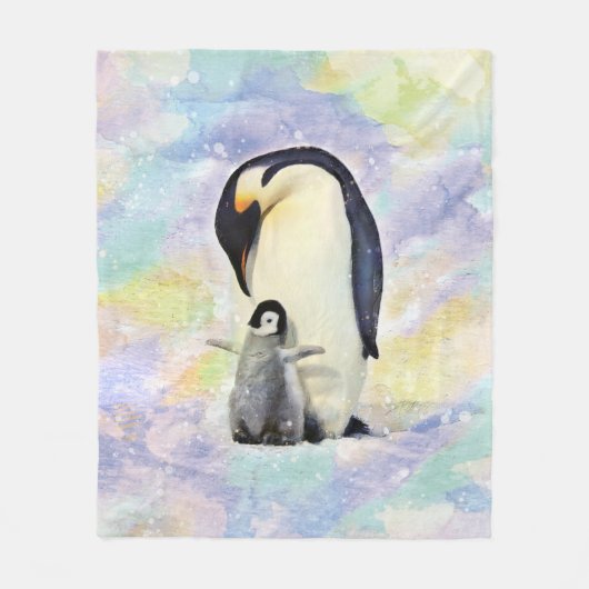 Emperor Penguin met Baby Waterverf Fleece Deken (Voorkant)