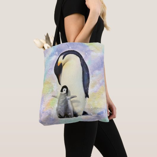 Emperor Penguin met Baby Waterverf Tote Bag (Dichtbij)