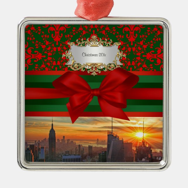 Empire St Bldg Sunset NYC Red Green Damask Xmas #2 Metalen Ornament (Voorkant)