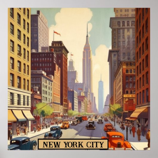 Empire State Building Manhattan Straatscène Retro Poster (Voorkant)