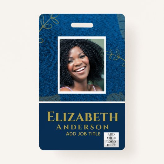 EMPLOYE FOTO BADGE QR Code Barcode Blue Gold (Voorkant)