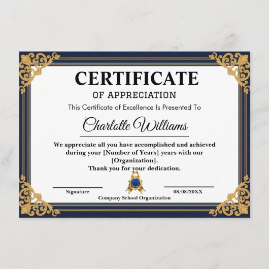 Employee Years of Service Certificate Gold Informatiekaartje (Voorkant)