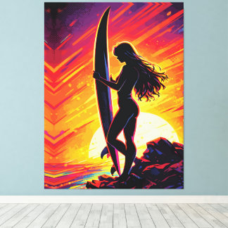 Empowering Surfer Girl Sunset Silhouette Pop Art Canvas Afdruk