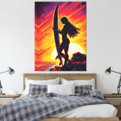 Empowering Surfer Girl Sunset Silhouette Pop Art Canvas Afdruk (Insitu (Slaapkamer))