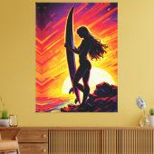 Empowering Surfer Girl Sunset Silhouette Pop Art Canvas Afdruk (Insitu (Woonkamer))