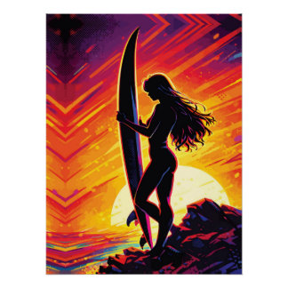 Empowering Surfer Girl Sunset Silhouette Pop Art Perfect Poster
