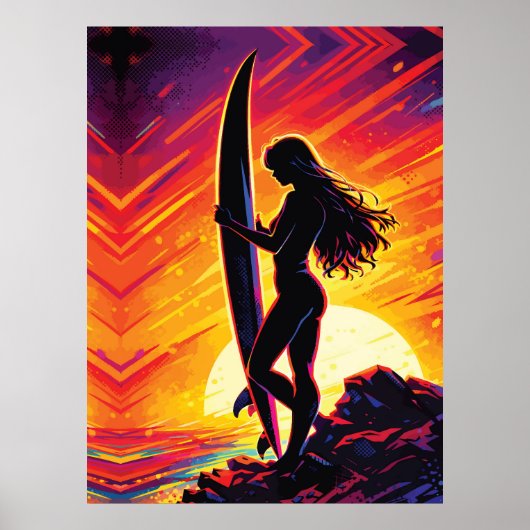 Empowering Surfer Girl Sunset Silhouette Pop Art Poster (Voorkant)
