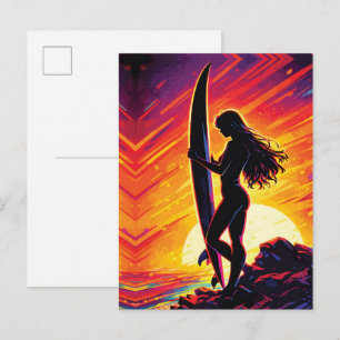 Empowering Surfer Girl Zonsondergang Silhouet Pop  Briefkaart
