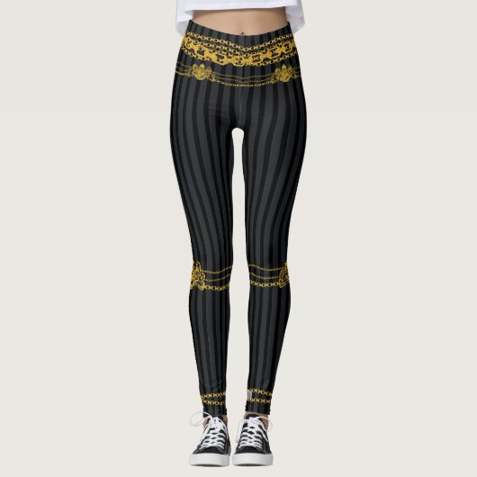 Empress Black & Grey Stripe Gold Chains Leggings (Voorkant)