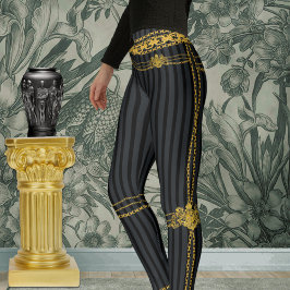 Empress Black & Grey Stripe Gold Chains Leggings