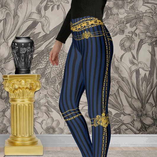 Empress Gold Chain Lion Emblem Black Blue Stripe Leggings