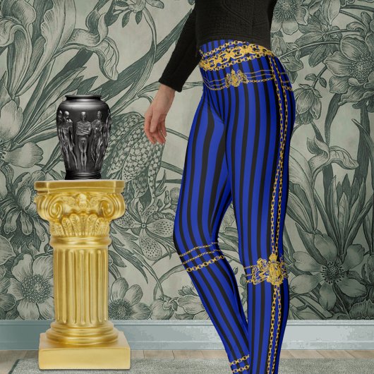 Empress Gold Chains Black & Blue Stripes Leggings