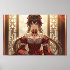 Empress of the East: Anime Girl in Luxurious Red D Poster