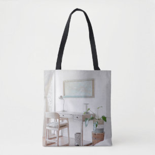 EMPTY DESK NEAR CURTATIE TOTE BAG