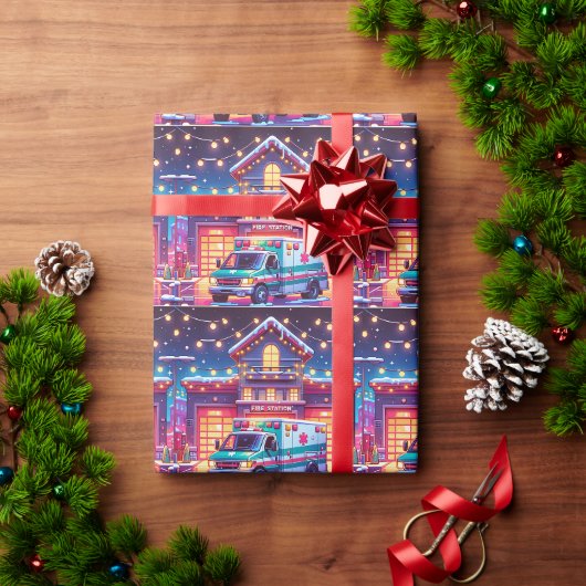 EMS Ambulance bij Brandweerkazerne Versierde Kerst Cadeaupapier (Feestdagen Geschenken)