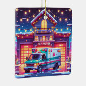 EMS Ambulance bij Brandweerkazerne Versierde Kerst Keramisch Ornament (Rechts)