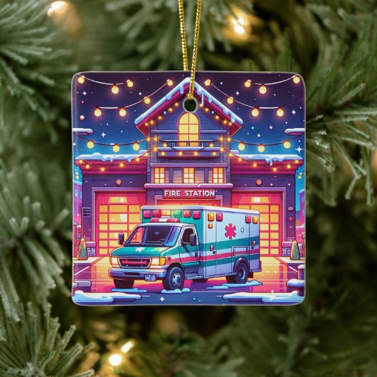 EMS Ambulance bij Brandweerkazerne Versierde Kerst Keramisch Ornament (Boom)