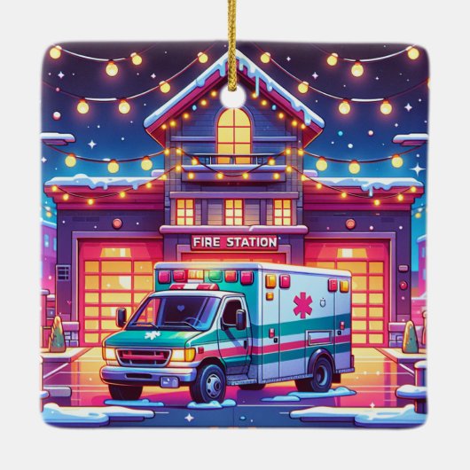 EMS Ambulance bij Brandweerkazerne Versierde Kerst Keramisch Ornament (Achterkant)