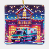 EMS Ambulance bij Brandweerkazerne Versierde Kerst Keramisch Ornament (Voorkant)