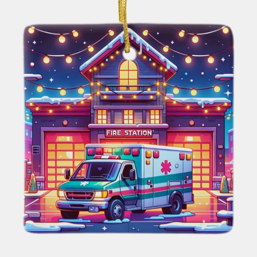EMS Ambulance bij Brandweerkazerne Versierde Kerst Keramisch Ornament (Voorkant)