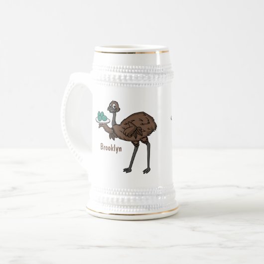 Emu met cartoon van eieren bierpul (Voorkant links)