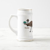 Emu met cartoon van eieren bierpul (Links)