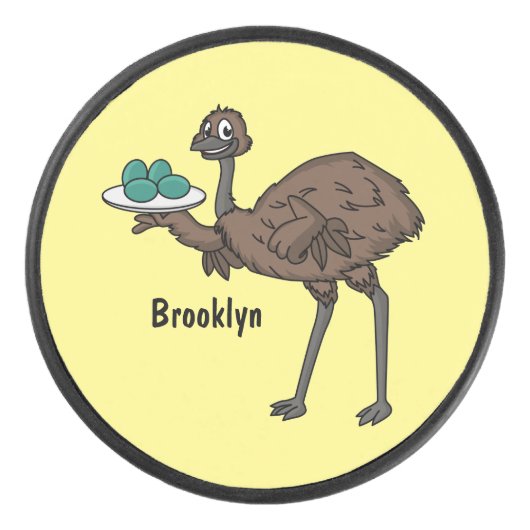 Emu met cartoon van eieren hockey puck (Voorkant)