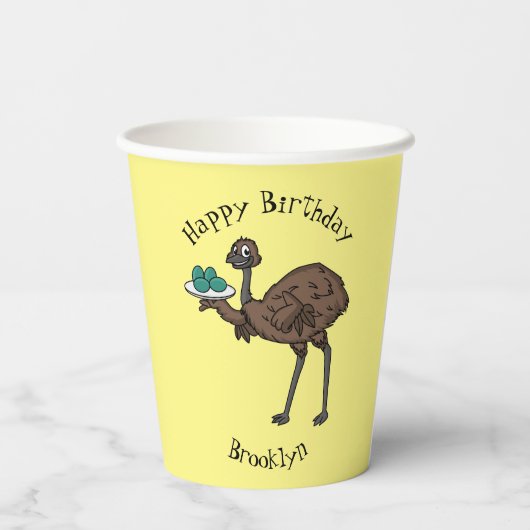 Emu met cartoon van eieren papieren bekers (Achterkant)