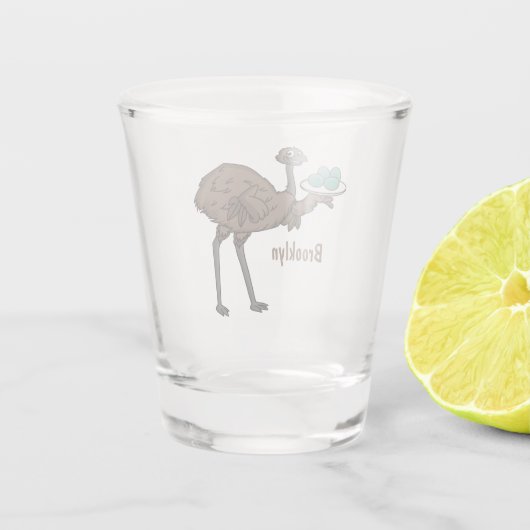 Emu met cartoon van eieren shot glas (Achterkant)