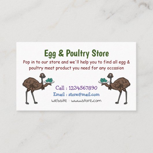 Emu met cartoon van eieren visitekaartje (Voorkant)