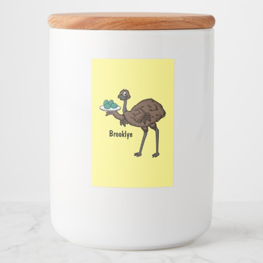 Emu met cartoon van eieren voedselcontainer etiket (Voorkant)
