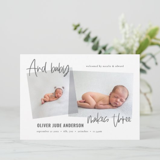 En baby maakt drie multi-foto moderne geboorte aankondiging (Staand voorkant)