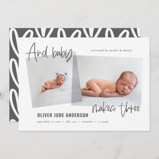 En baby maakt drie multi-foto moderne geboorte aankondiging (Voorkant / Achterkant)