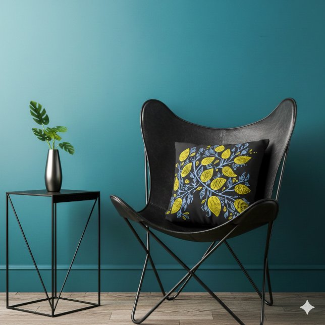  en delicate blauwe en gele citroenwijnstokken kussen (Black, yellow and blue lemon vines pillow.)