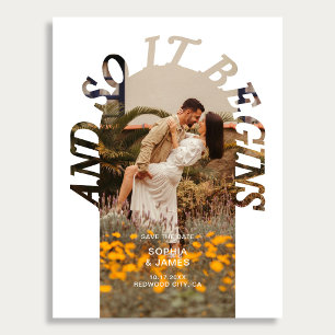 En dus begint boog foto trouwkaart save the date aankondigingskaart