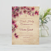  en kersenroze eerste communie kaart (Staand voorkant)