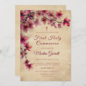  en kersenroze eerste communie kaart (Voorkant / Achterkant)