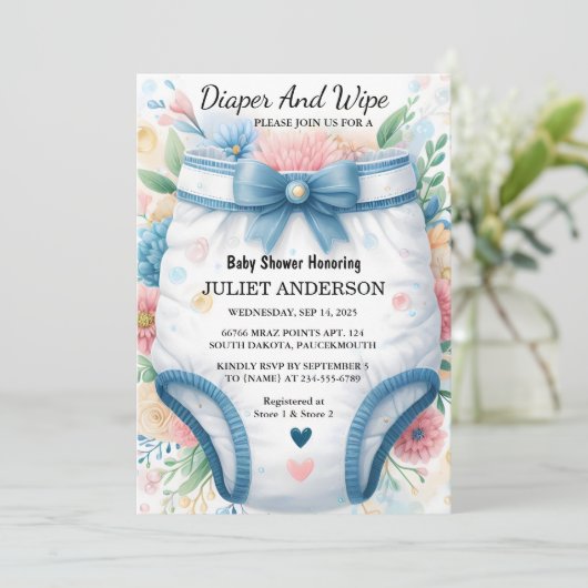 En post pap roze blauwe luier en veeg Baby shower Kaart (Staand voorkant)