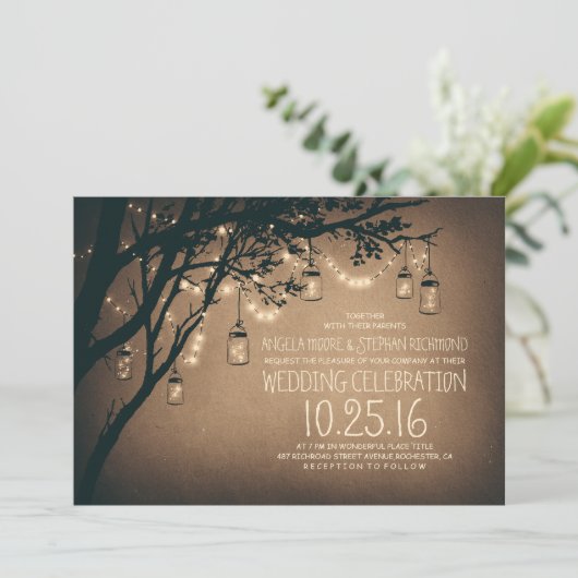 en rustieke Mason Jar String Lights Bruiloft Kaart (Staand voorkant)